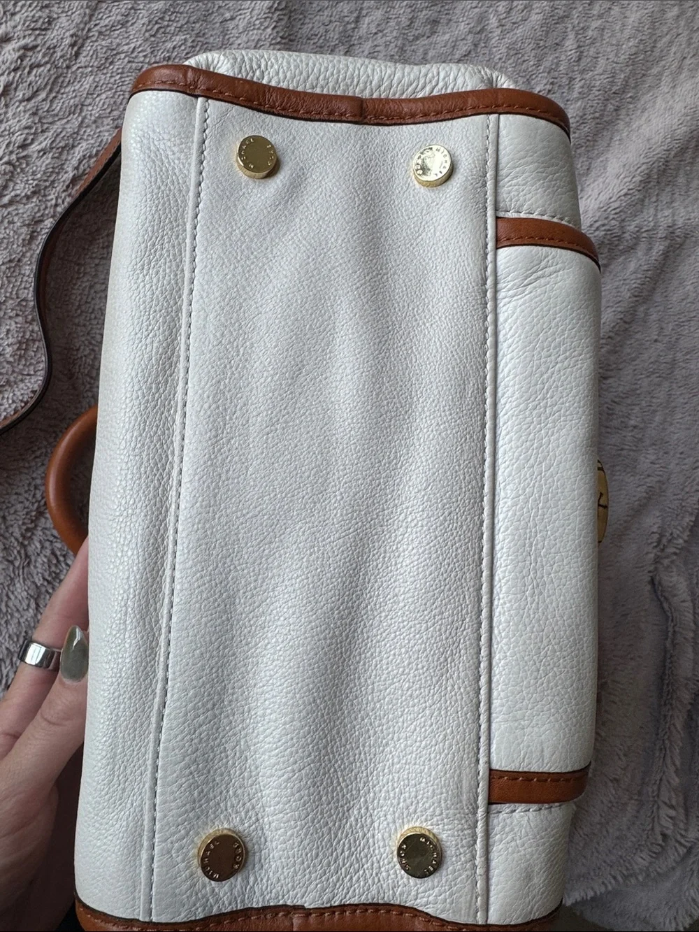 Michael Kors White and Brown Leather MK Logo Satchel